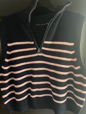 English Factory Navy and Pink Striped Zip Mock-Collar Sweater Vest